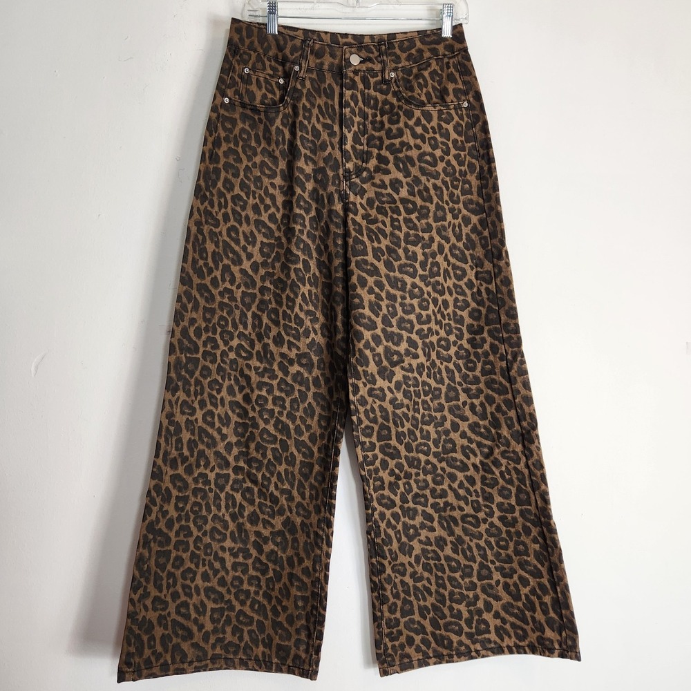 DAZY Leopard Print Wide Leg Jeans L High Rise Baggy Y2K Animal Cheetah Pants